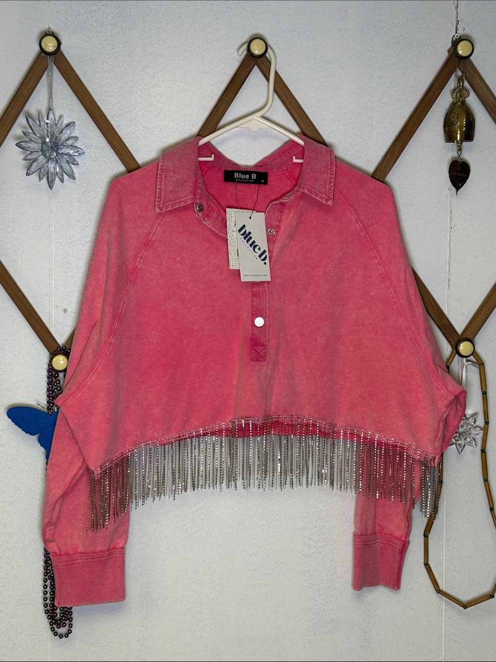 Blue B Pink Cropped Fringe Polo Sweatshirt